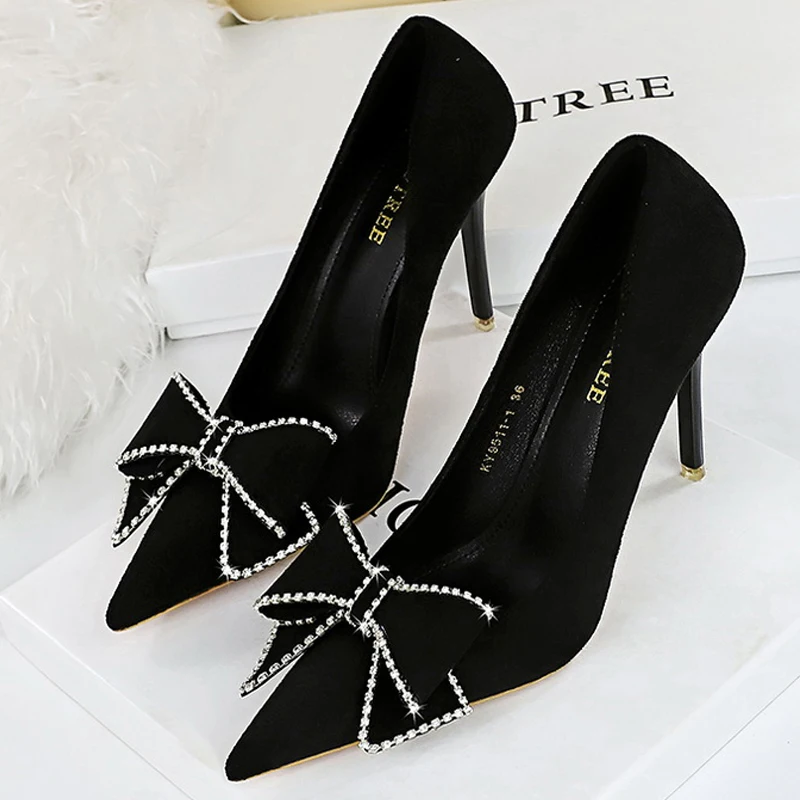 Rhinestone Bowknot Woman Pumps Suede High Heels Sexy Party Shoes Pointed Stilettos Women Heels Luxury Pumps Large Size 42 43