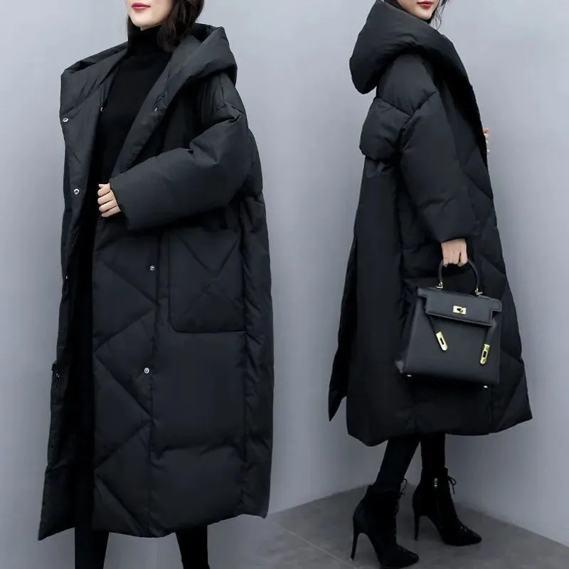 

New Winter Cold Down Cotton Coat Womens Korean Loose Hooded Parker Overcoat Long Fashion Female Black Padded Jacket Thicker Warm