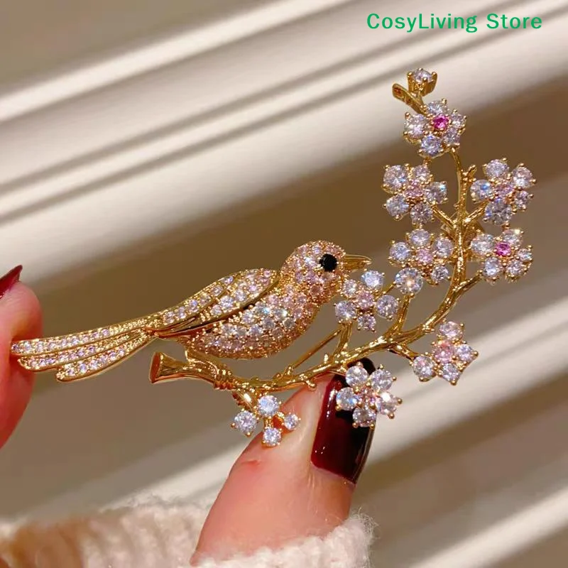 [CL]Cute Magpie Flower Brooches Pins Luxury Micro-inlaid Zircon Delicate Corsage Jewelry Fashion For Women Clothing Accessories