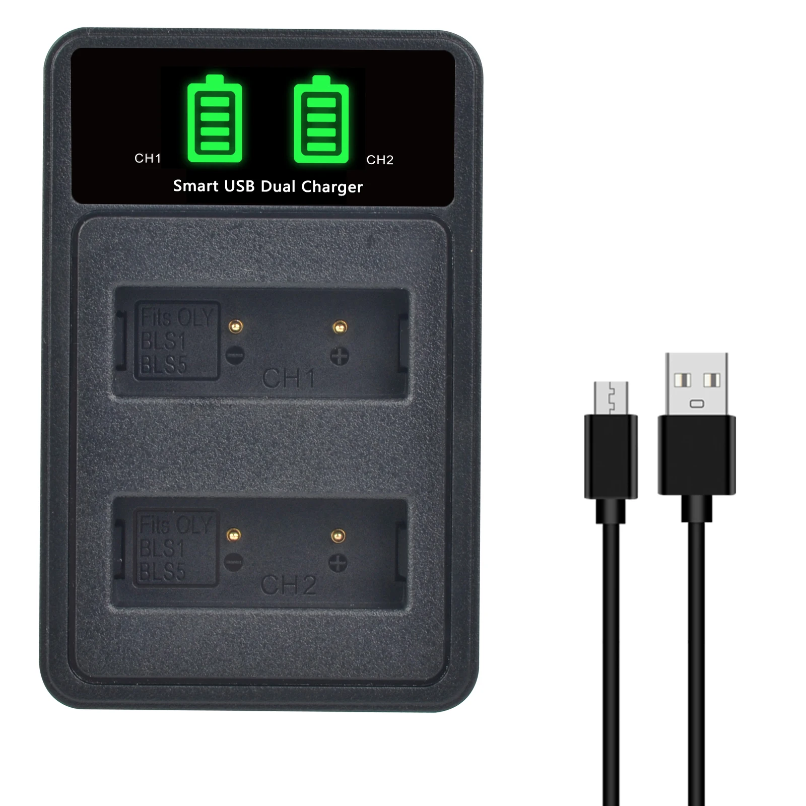 

BLS-1 BLS-5 LED Dual Battery Charger for Olympus PS-BLS1, BLS-50, PS-BLS5 and Olympus OM-D E-M10, Pen E-PL2, E-PL5, E-PL6, E-PL7