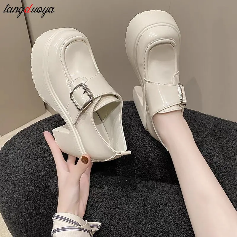 Super High Heel Shoes Women's New Round Head Shallow Mouth Metal Buckle Thick Heel Waterproof Mary Jane Shoes Women's pumps Y2K