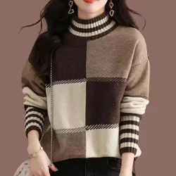 New Fashion Trend Half High Neck Contrast Stripes Loose and Thickened Versatile Slim and Fashionable Women's Knitted Sweater