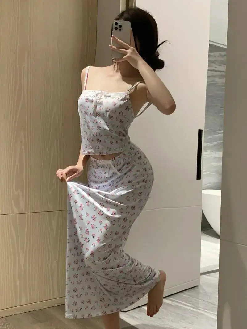

Floral Printed Strap Top Tank Top Long Half Body Two Piece Skirt Set Dress Light Blue Fashion Sweet Women Skirts Set 99XC