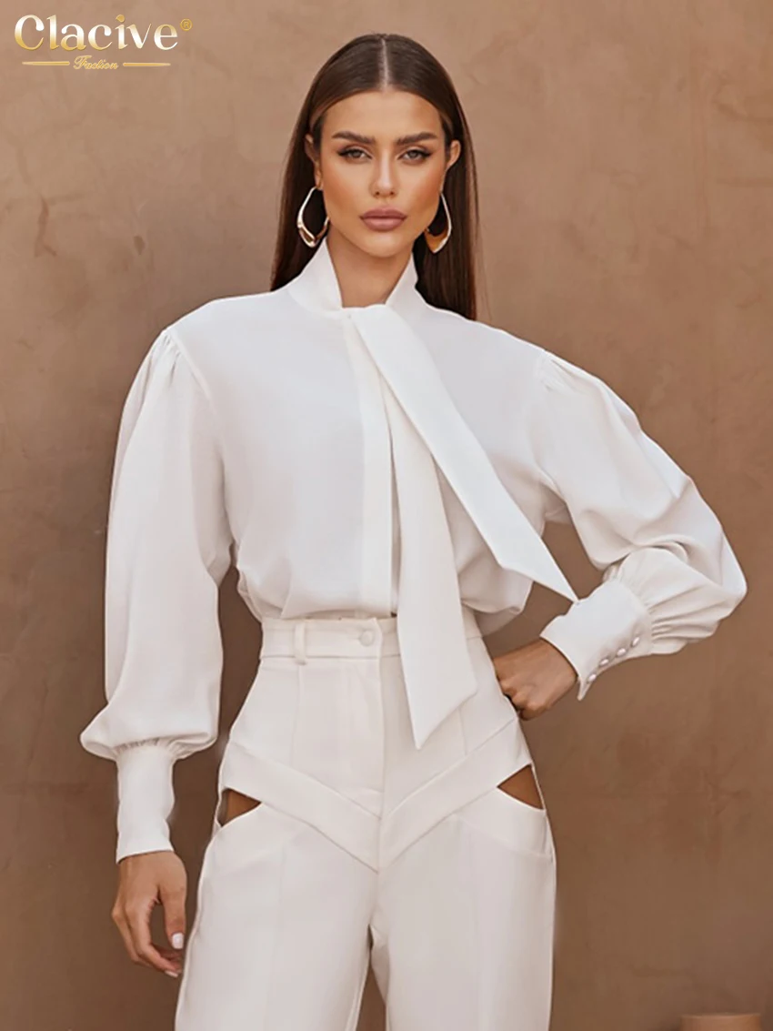 Clacive Casual Loose White Women's Shirt 2025 Fashion Bow Collar Long Sleeve Shirts Elegant Classic Solid Top Female Clothing