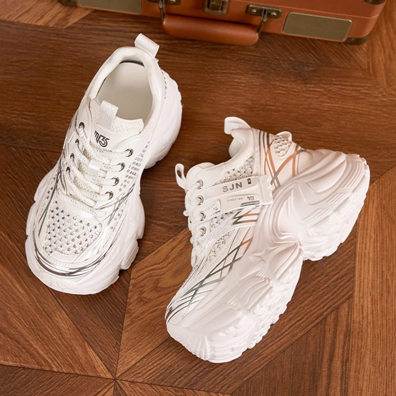 Thick Sole Heightened Mesh Breathable and Fashionable Rhinestone Women's Shoes 2025 Autumn New Versatile Sports Casual Shoes