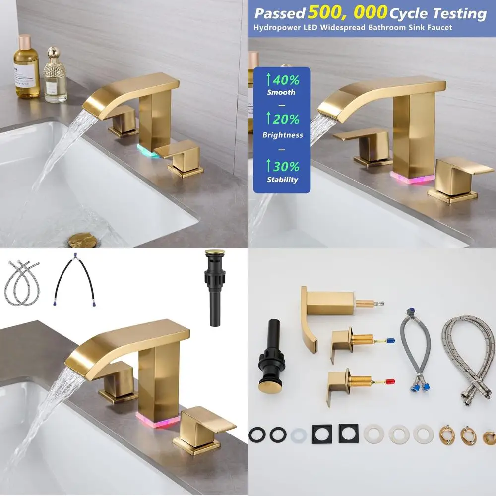 

8 Brushed Gold 3-Hole Widespread Bathroom Sink Faucet with Pop-Up Drain & Waterfall Spout