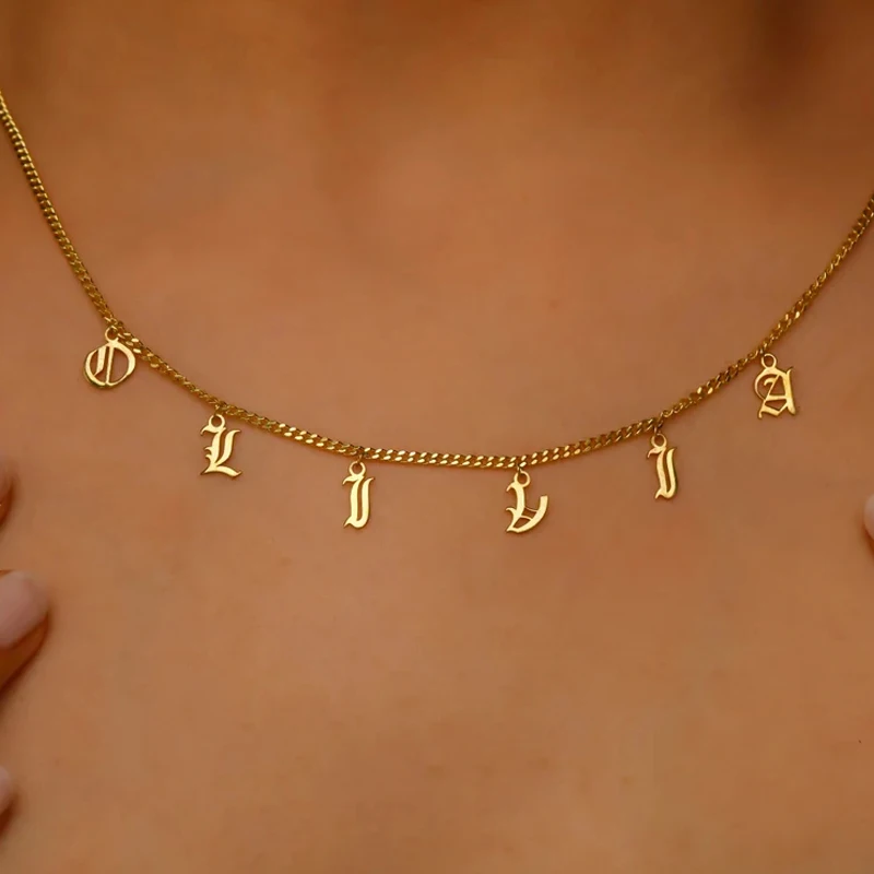 Personalized Custom Name Necklace for Women Stainless Steel Hang Multiple Letters Pendant 3mm Cuban Chain Birthday Jewelry Gift