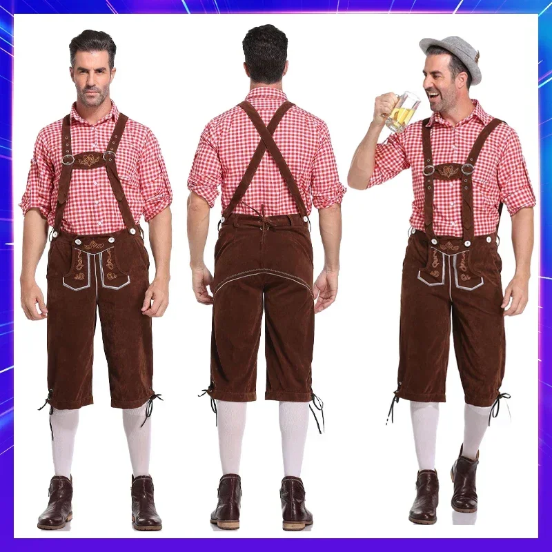 Germany Oktoberfest Costumes Adult Men Traditional Bavarian Beer Shorts Outfit Overalls Shirt Hat Suspenders Set Halloween Cloth