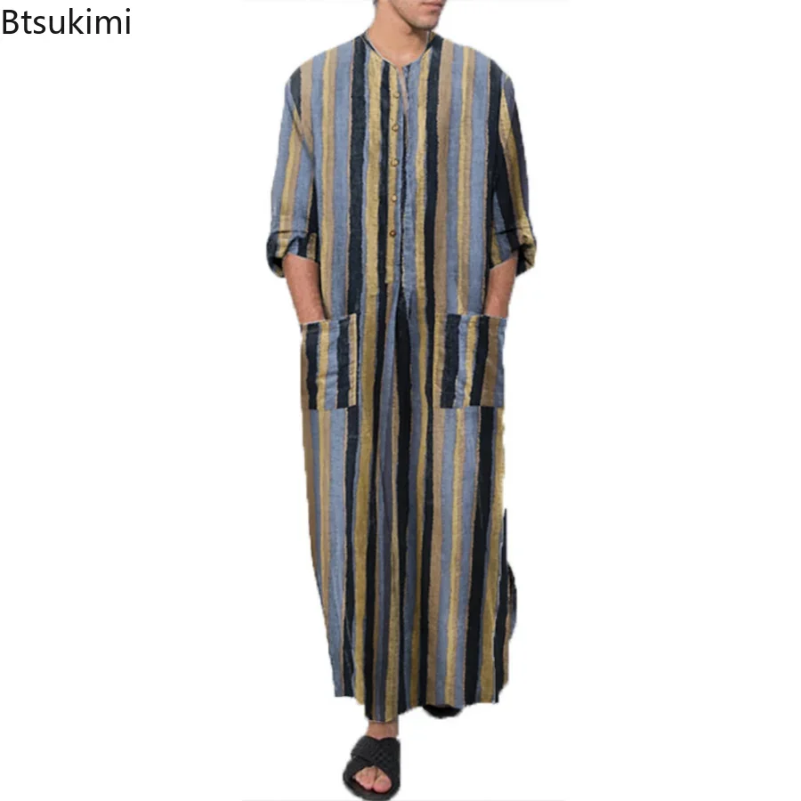 2024 roupas muçulmanas masculinas abayas algodão linho camisola roupão kaftan férias praia robe homem muçulmano kaftan vestido árabe