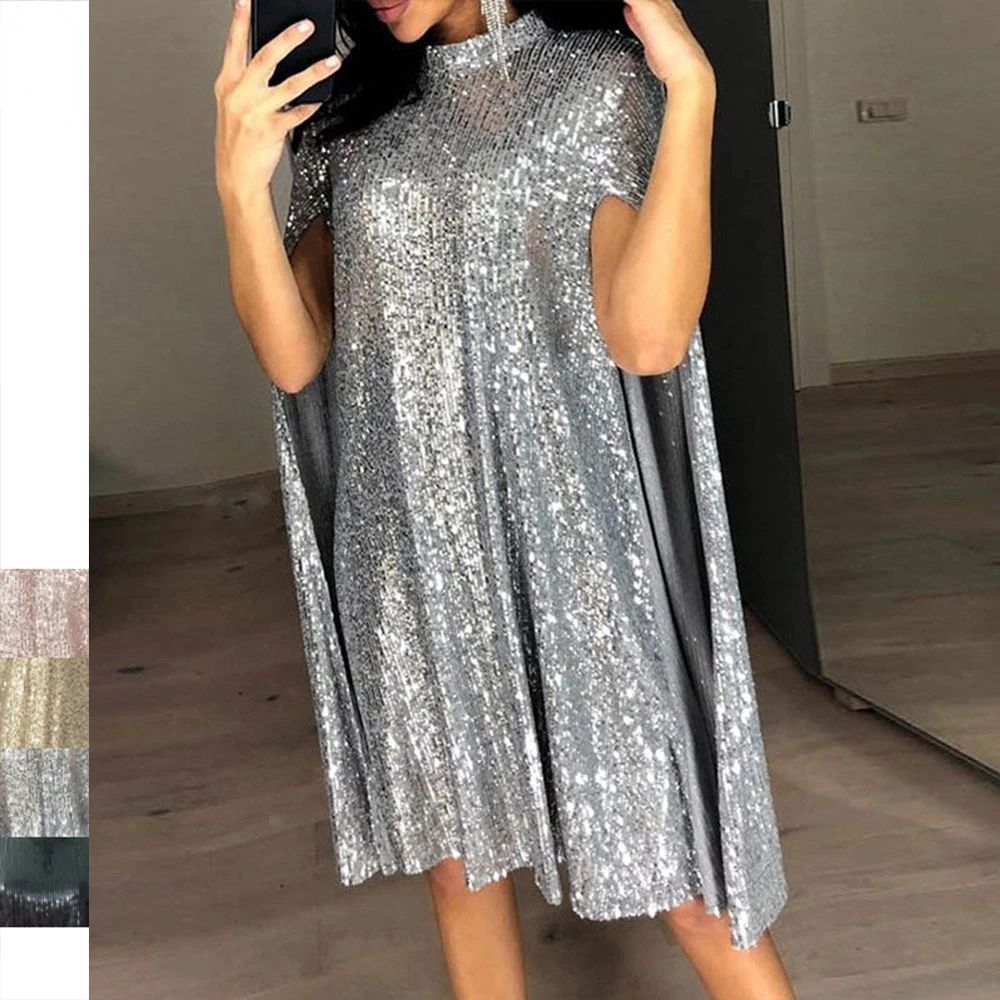 2024 spring new Europe and the United States new small stand collar sequin dress loose women's wear