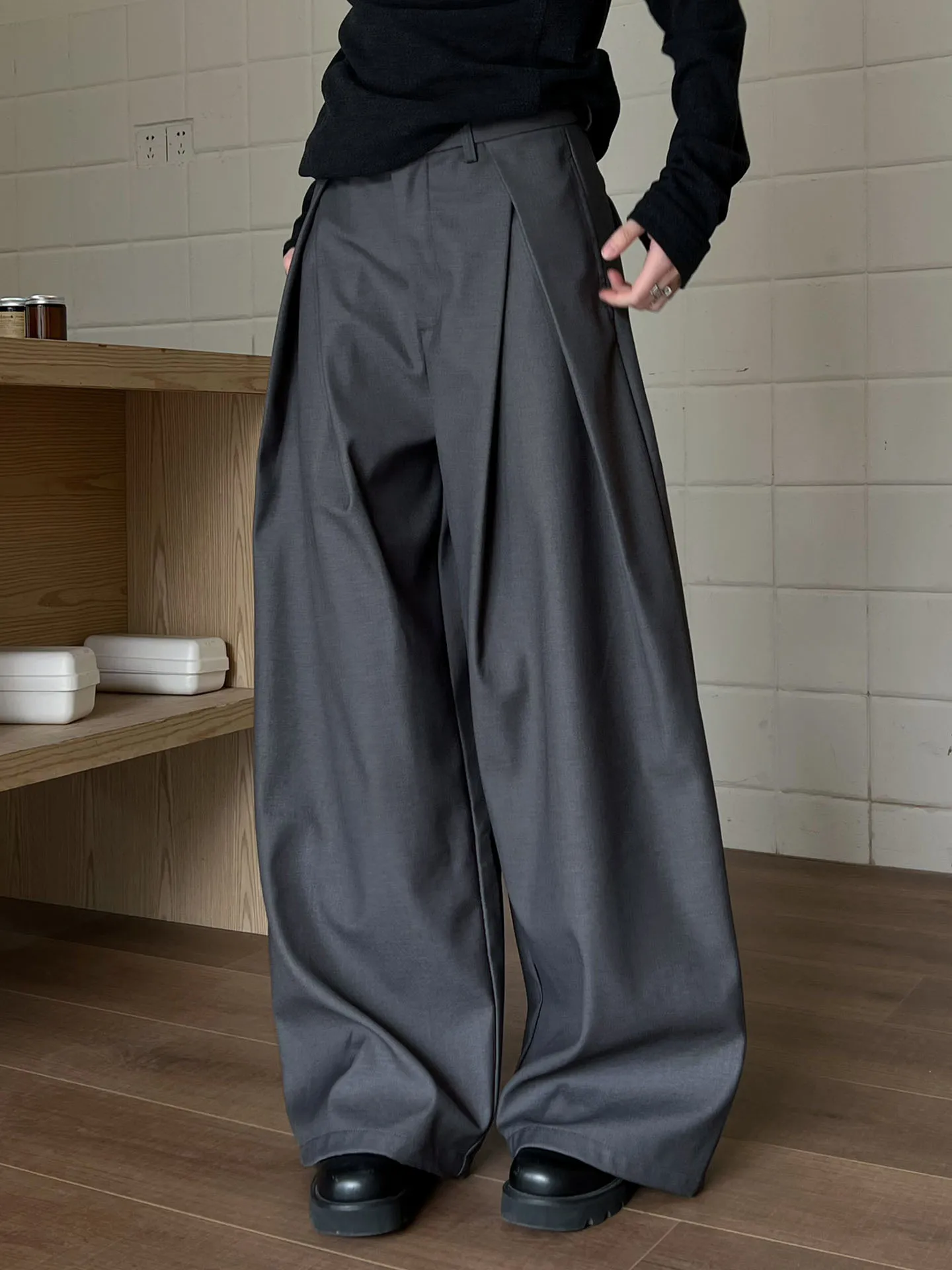 

Casual Wide Leg Suit Pants for Men And Women Folded Retro Money Pattern High Waist Long Trousers Commute Sle Couple Pants