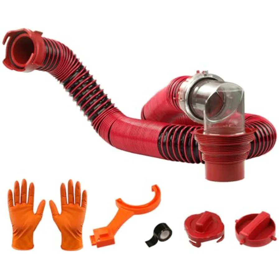

RV Sewer Hose Kit: Heavy Duty Camper Waste Hose with Leak-Proof Swivel Fittings 90° Clear Elbow 4-in-1 Adapter TPE Tech for Cru