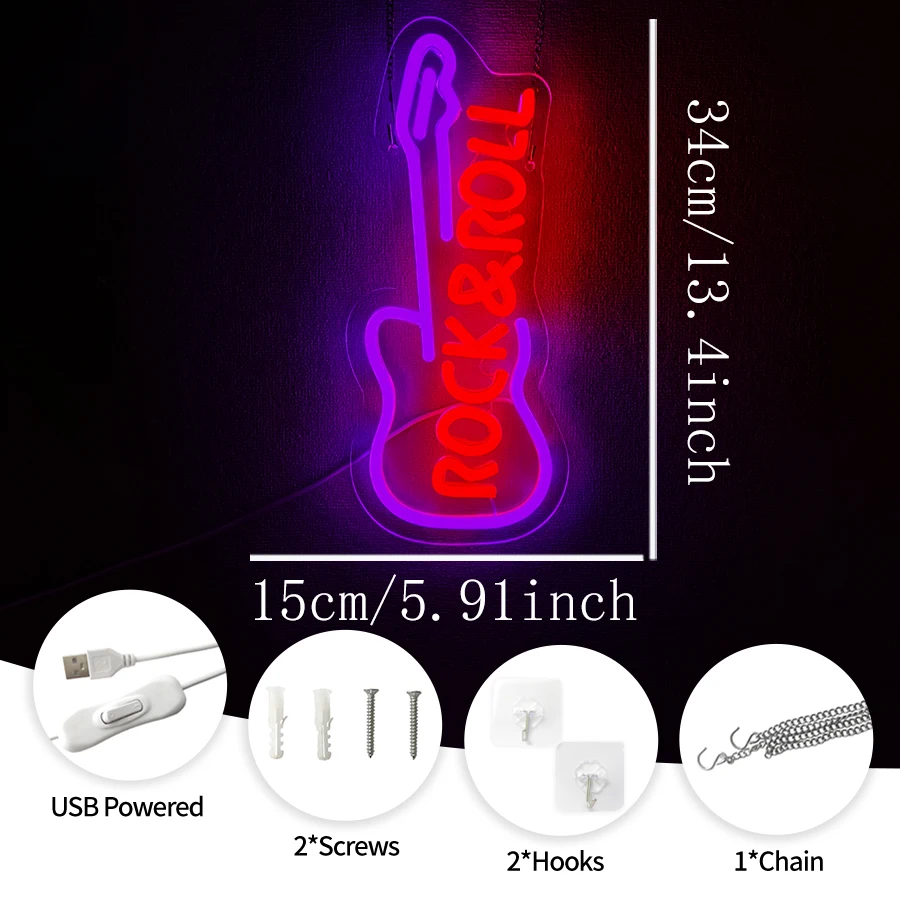 Rock Roll Led Neon Sign, Guitar Icon Hand-Made, Usb Powered, Used For Decor In Rooms, Music Studios, Concerts, Bars And Clubs.