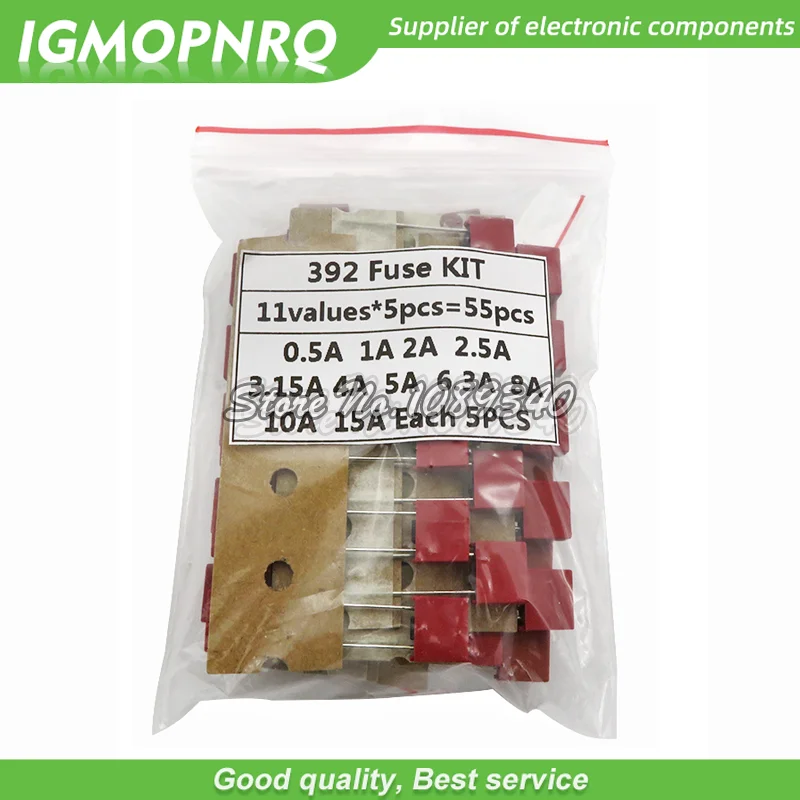 55PCS/Set Square Plastic Fuse Assortment Kit 392 0.5A 1A 2A 2.5A 3.15A 4A 5A 6.3A 8A 10A 15A 250V Fuses Slow Blow Tube Fuse set