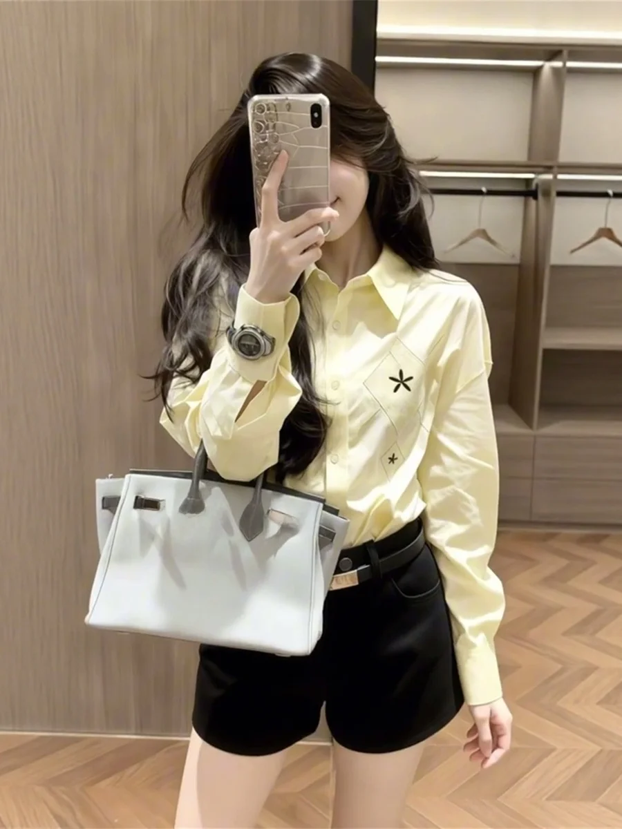 

Ele Yellow Long Sve Ne irt Women's Spring Autumn Loose Casual Versatile Top French Sle Button Detail