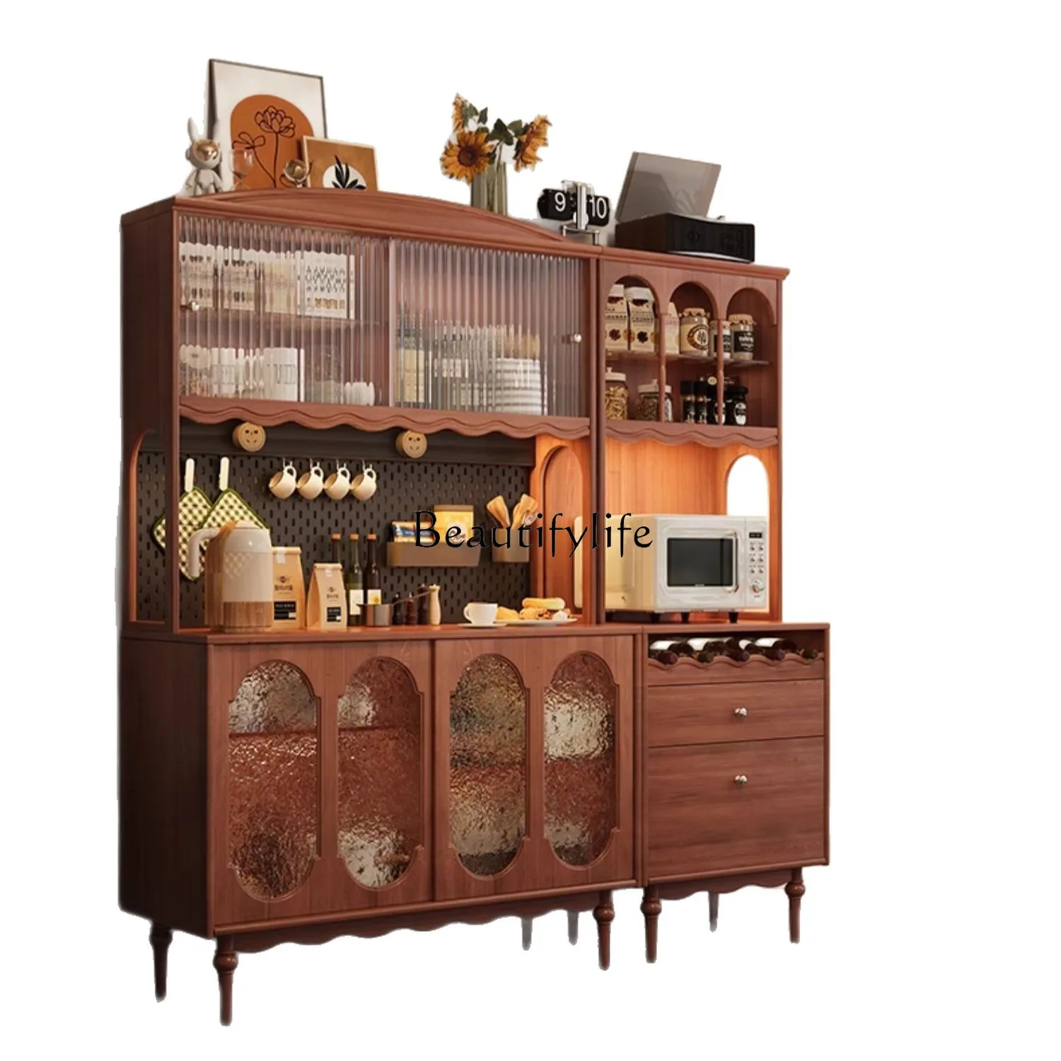 

Solid wood retro dining side cabinet integrated against the wall household kitchen storage high cabinet large capacity storage