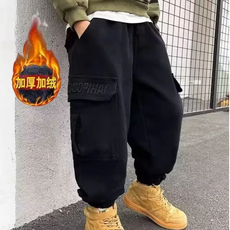 2024 New Boys Cargo Pants for Winter Autumn Thick Boys Trousers Casual Kids Fleece Sport Pants Teenage For 110-170cm