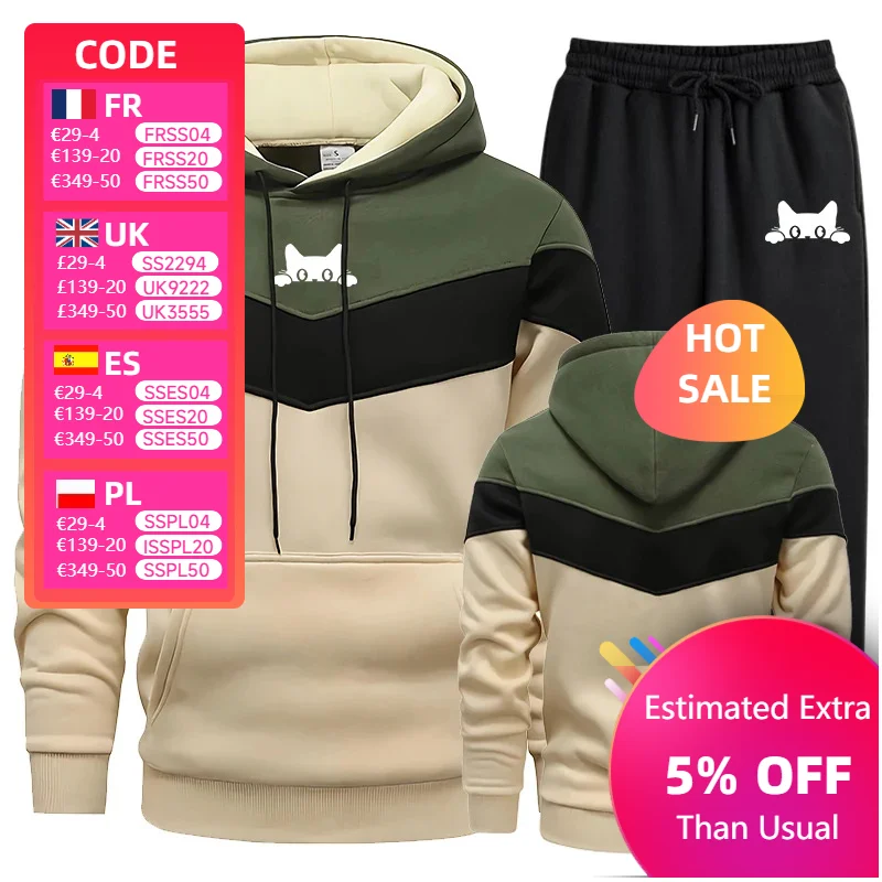 

Cute Cat Printed Mens Tracksuit Sports Suit Sports Hoodie+Pants 2 Pcs Suit Casual Sweatshirt Suit Jogging Mens Splicing Clothing