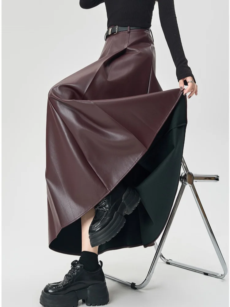 2025年新作 レディース PUレザー スカート 秋冬 プリーツ Aライン ハイウエスト 細見え ゆったり カジュアル ロング丈 アンブレラスカート