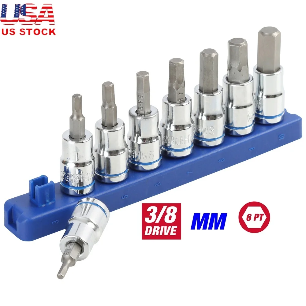 

9-Piece Metric Hex Socket Bit Set 3/8-Inch Drive Automotive DIY Color Coded Sockets Durable Cr-V Steel Reusable Rail