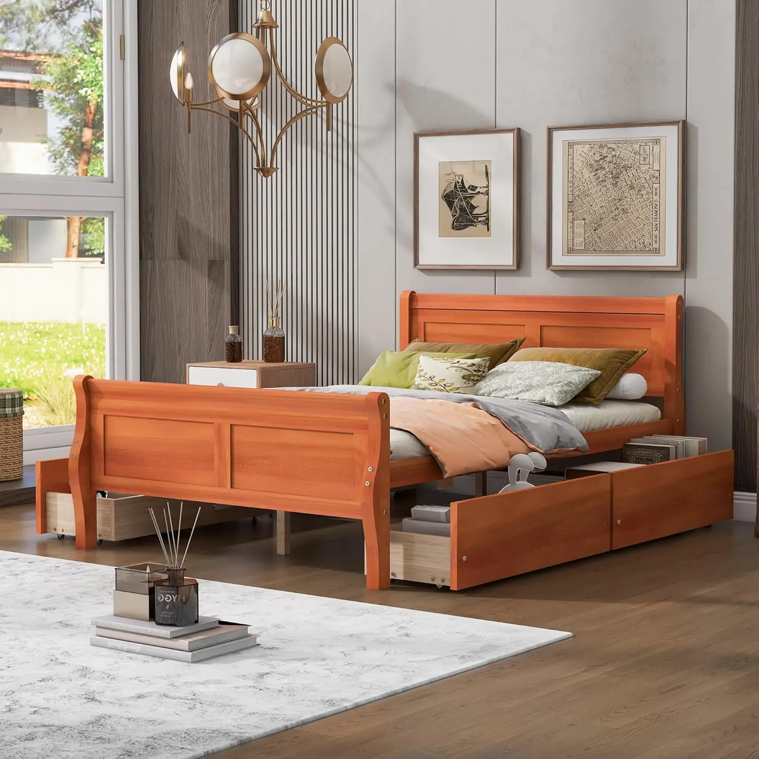 Full Size Wood Platform Bed With 4 Drawers And Streamlined Headboard & Footboard,Oak,Beds, Frames & Bases 121.25Lbs,2135