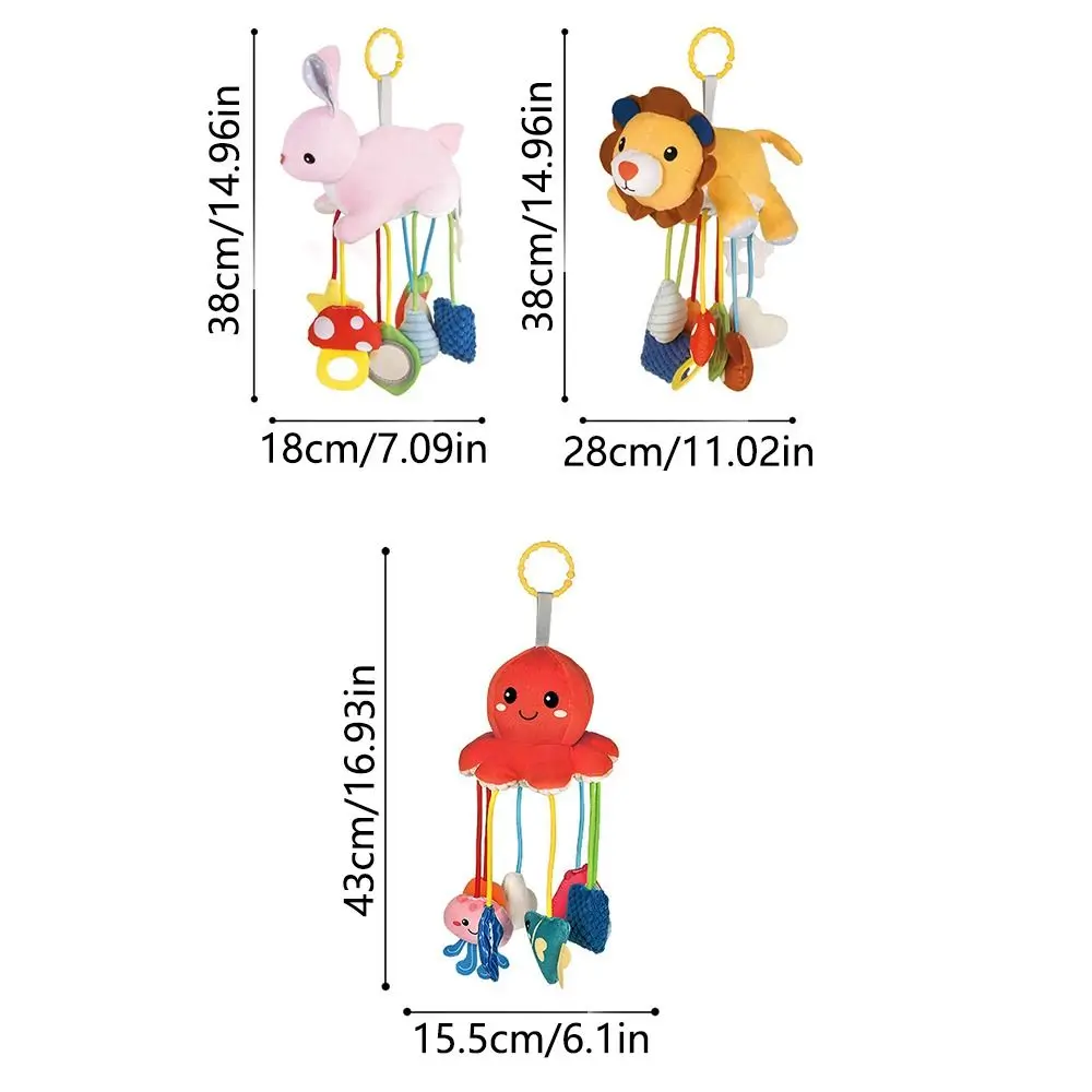 Cute Animal Design Sensory Stroller Hanging Ornaments Hand Grip Pull String Animals Bed Bell Dolls Soft Teether with Ring Hook