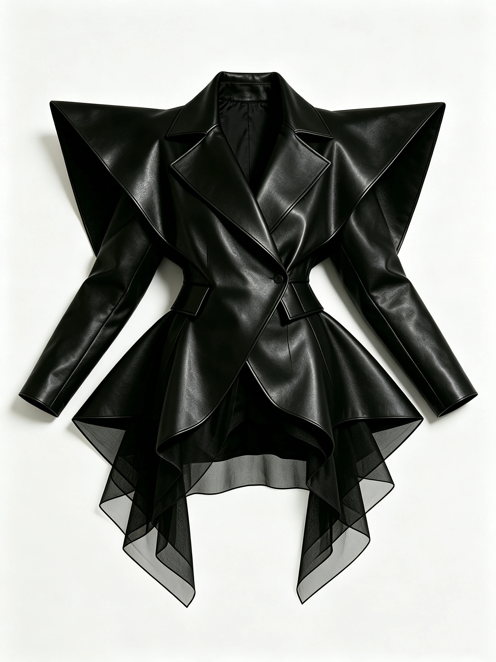 Women's Faux Leather Blazer with Geometric Star Shoulders and Layered Chiffon Hem