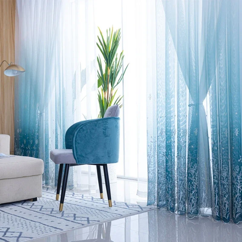 Blue Forest Gradient Sheer Curtain for Living Room Bedroom Nordic Modern Grey Embroidered Tulle Window Drapes Custom AD713E