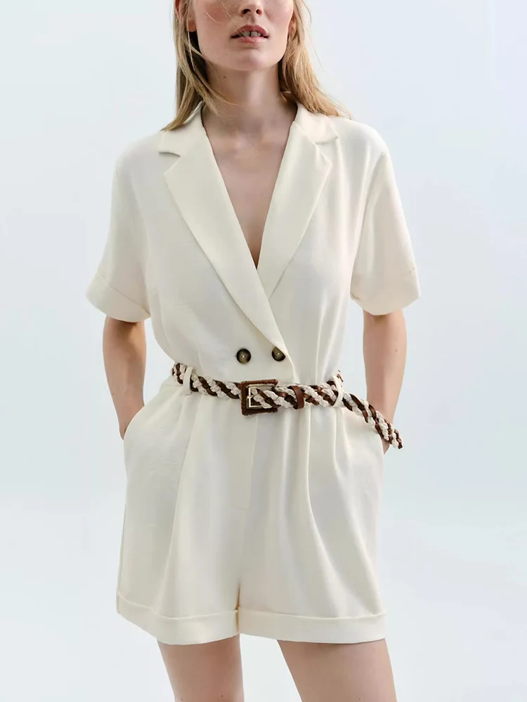 Letni Nowy Damski Kombinezon z Wysokim Stanem, Paskiem, Wyszczuplający, Tkany, Model 50298 Ele Par Dr