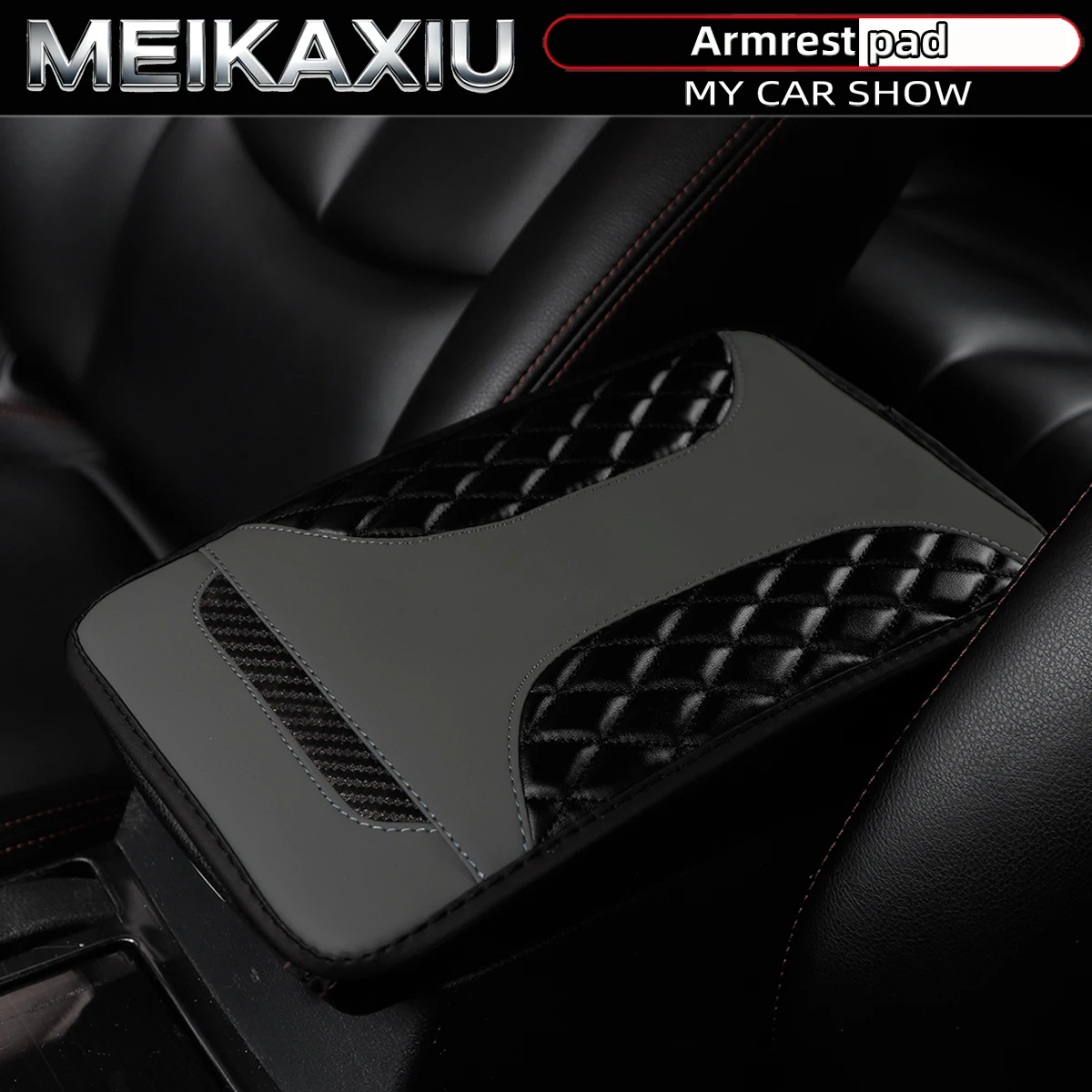 

3D Embroidered PU Leather Car Armrest Cover Crystal Carbon Fiber Design Center Console Pad 32x19 Inch for all season