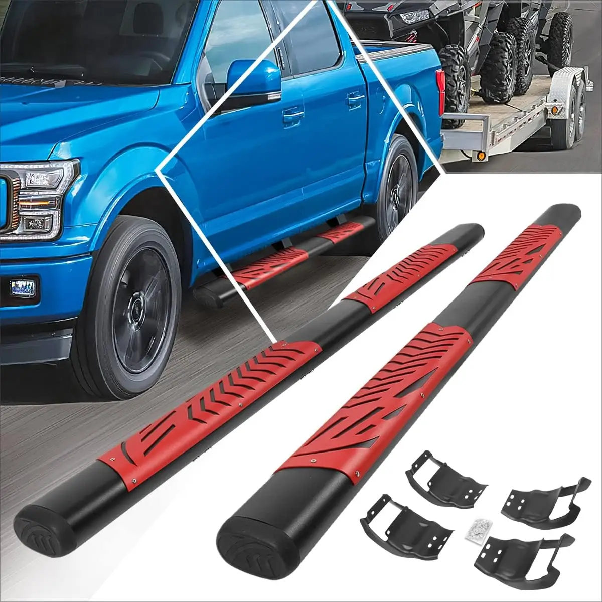 

5-дюймовые черные подножки из нержавеющей стали, боковые подножки с красной подставкой, совместимые с Ford F150-F350 Crew Cab 15-24
