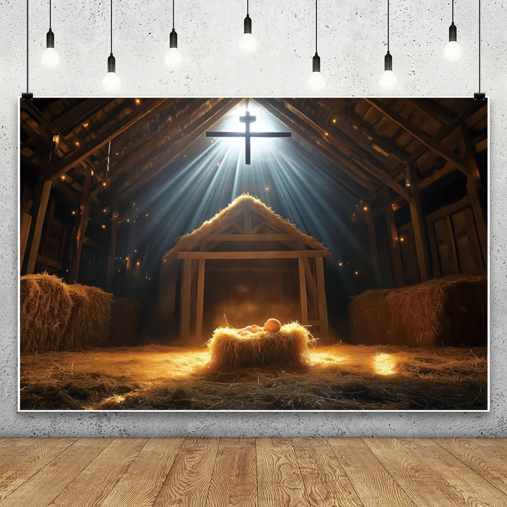 Christmas Birth of Jesus Photography Backdrops Wooden House Farm Barn Cross Grail God Bless Christening Baby Shower Backgrounds