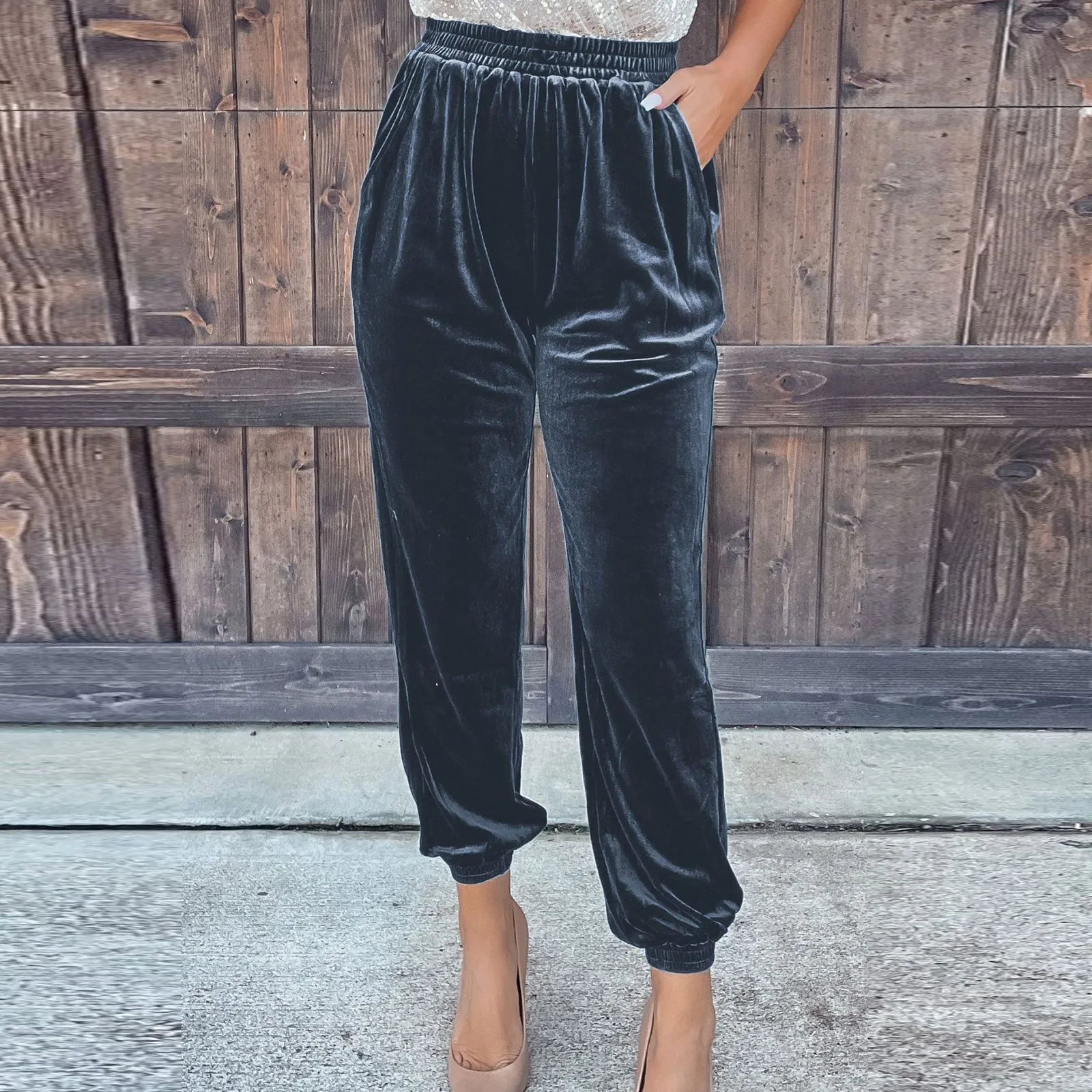 Women\'s Velvet Pants High Waist Loose Wide Leg Pants Casual Elastic Waist Velour Long Trousers with Pockets