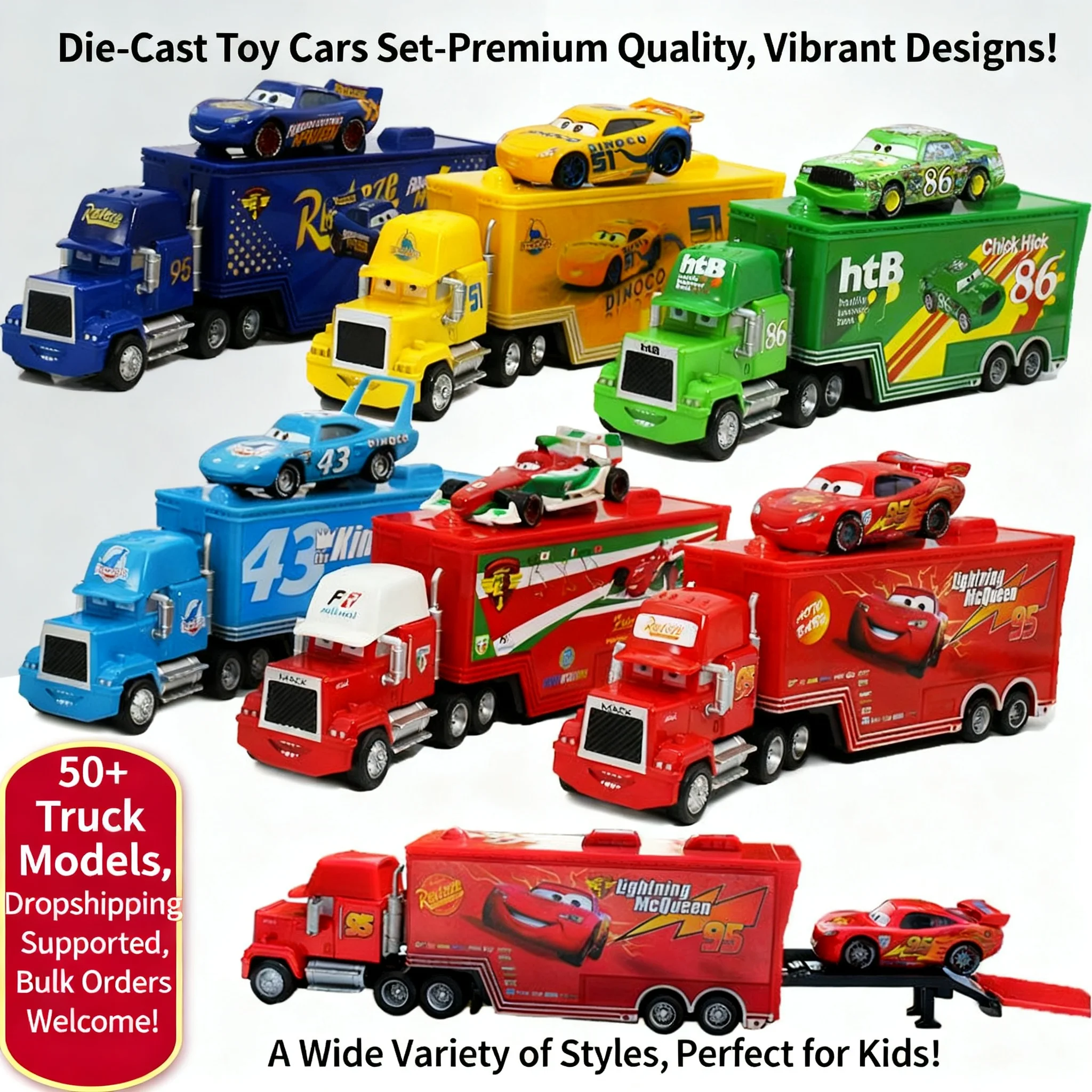 

Hot Super Cars 5 Mack Truck Transporter & Race Car Diecast Model Toy Set for Kids