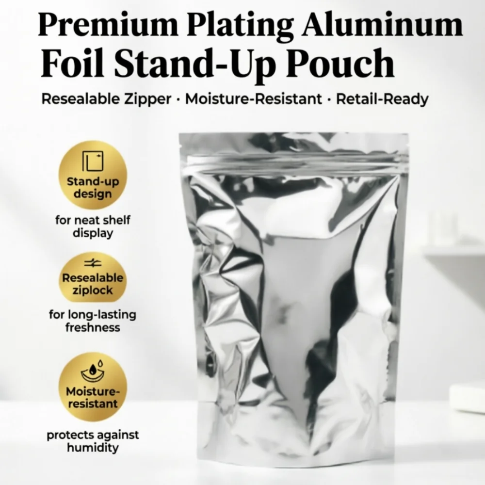 100pcs Silvery Stand Up Aluminizing Zip Lock Bags - Food Grade Zipper Reusable Plastic Packing Pouch for Nuts/Snacks & Dry Goods