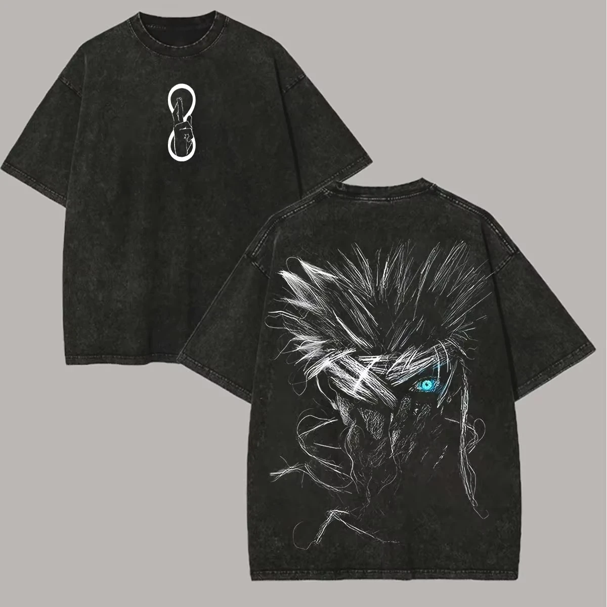 

Jujutsu Kaisen Gojo Satoru T Shirt Six Eyes Graphic Men Back Print Acid Wash Streetwear Anime Cotton Top Tee