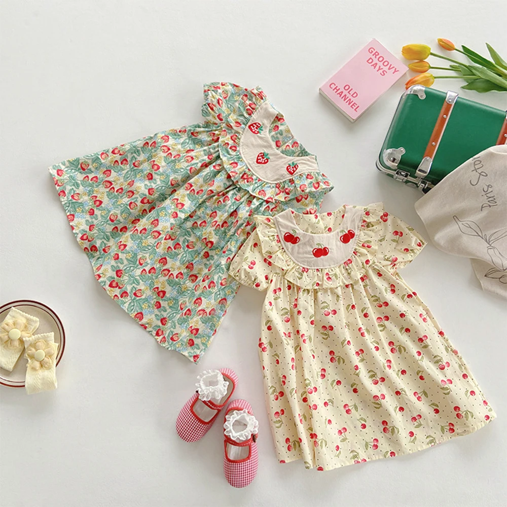 Girls Strawberry Embroidery Dresses New Summer Short Sleeves Cherry Print Princess Dress for Kids Casual Clothing 2-7 Years