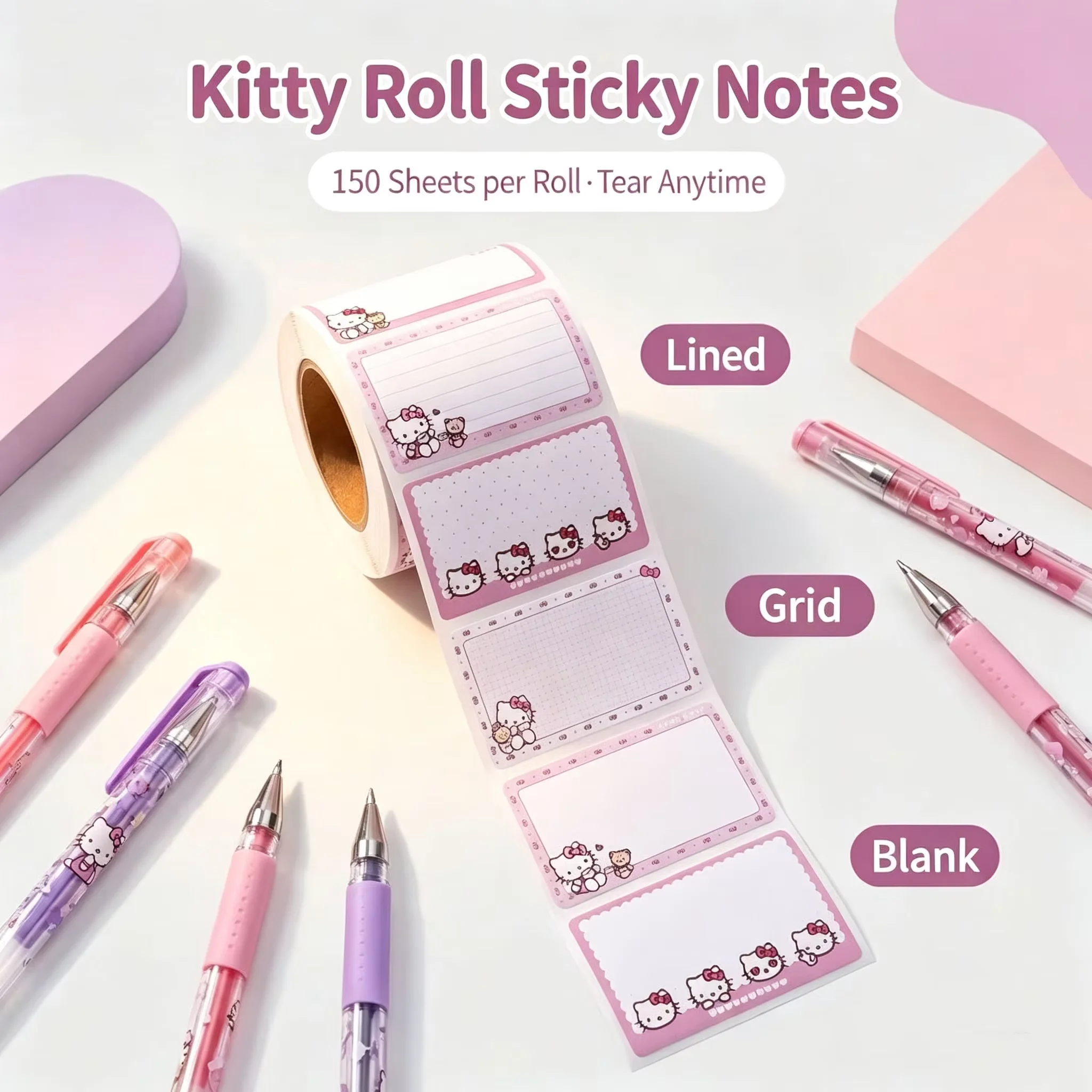 Sanrio Hello Kitty Roll-Style Sticky Notes （150 Sheets/Roll） Removable Residue-Free Memos Labels