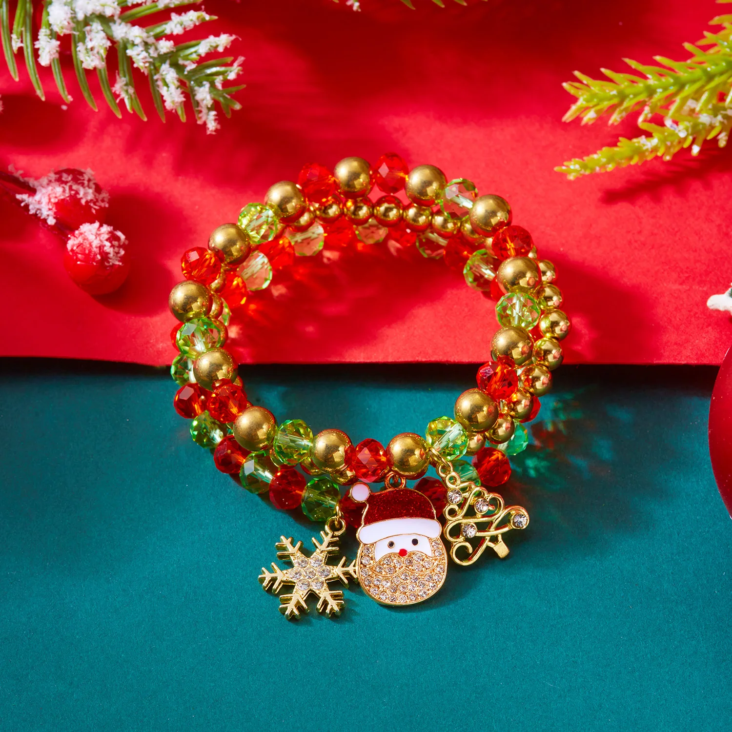 3-teiliges Weihnachtsarmband-Set mit bunten Kristallperlen, Kristallzirkon, Weihnachtsmann, Schneeflocke, Weihnachtsbaum-Armreif, Party-Schmuck, Geschenk
