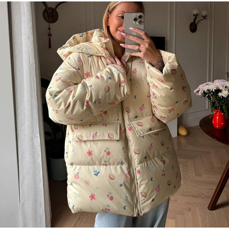 Unique Hooded Women's Winter Jacket Elegant Printed Thicken Pockets Full Sleeve Female Cotton Coat 2025 New Woman Coats Outwears