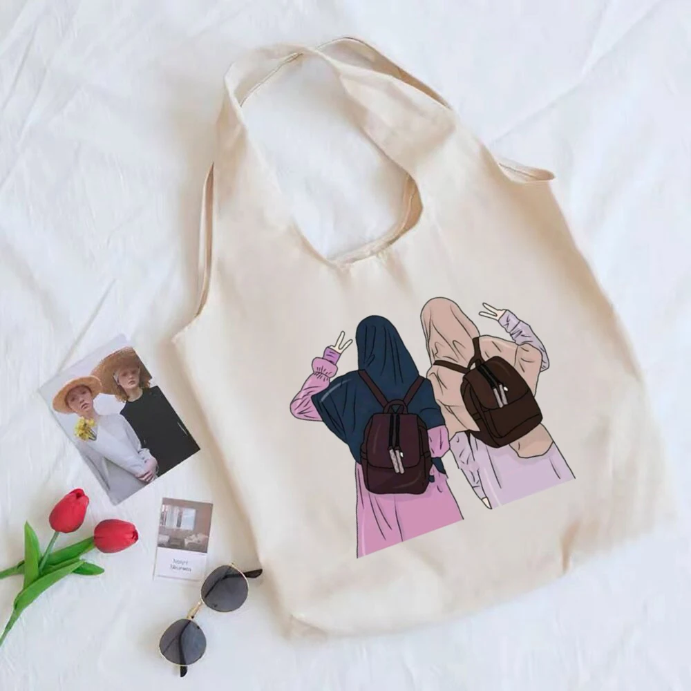 Hijabi Girl Printed Shoulder Bag Muslim Girls Canvas Tote Best Friend Harajuku Handbag Women Shopping Bags Eid Gifts for Friends