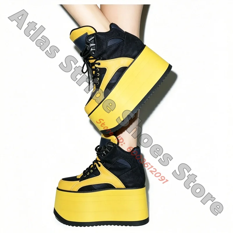 Yellow Navy Color Block Extreme Platform High‑Top Sneakers Mixed Material Lace‑Up Closure Ladies Bold Y2K Creative Shoes