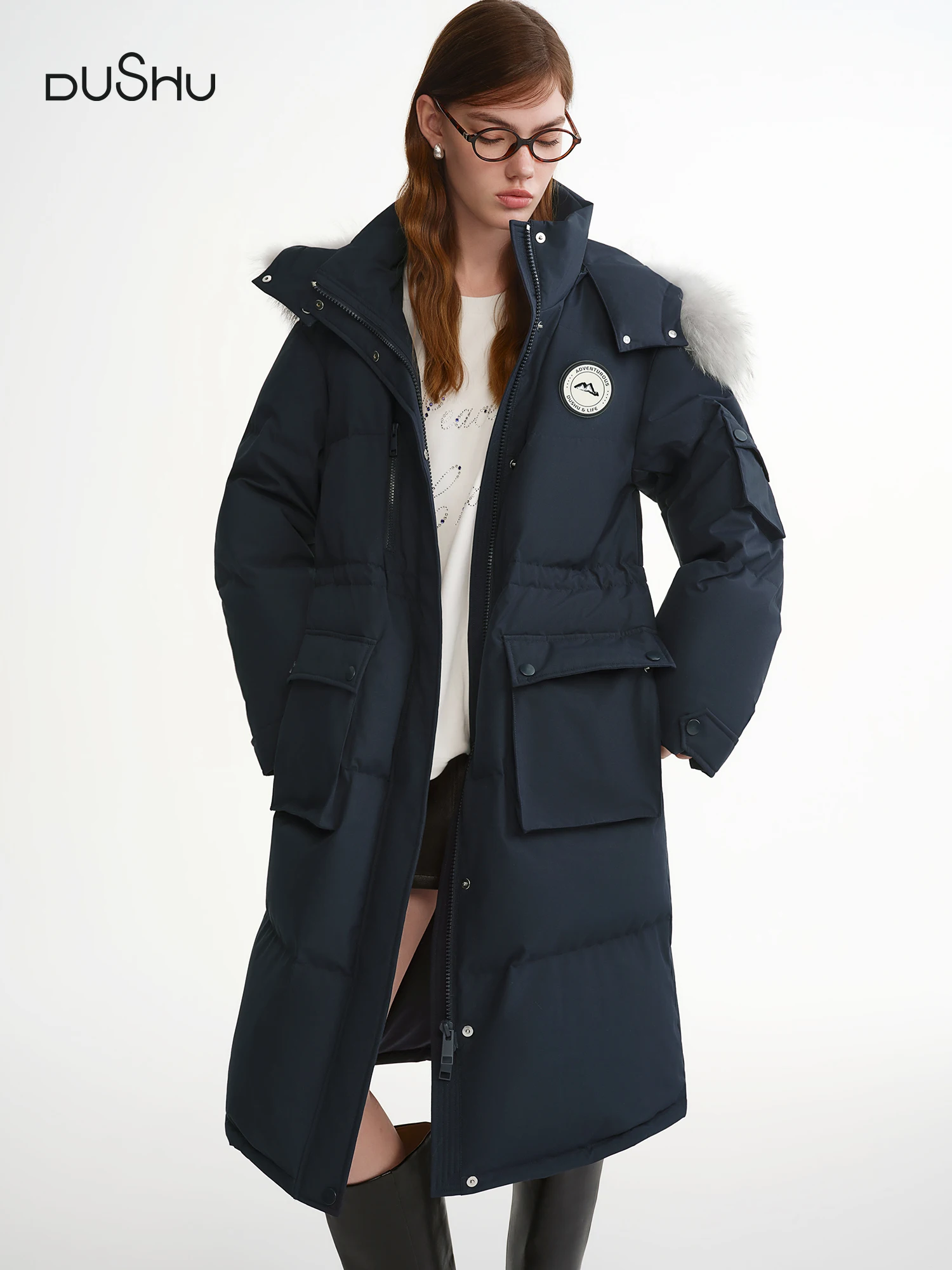 DUSHU Plus-Size Women's Snowfield Stroll Long Down Parka with Raccoon Dog Fur Collar 2025 Winter New Arrival Blue Down Coats