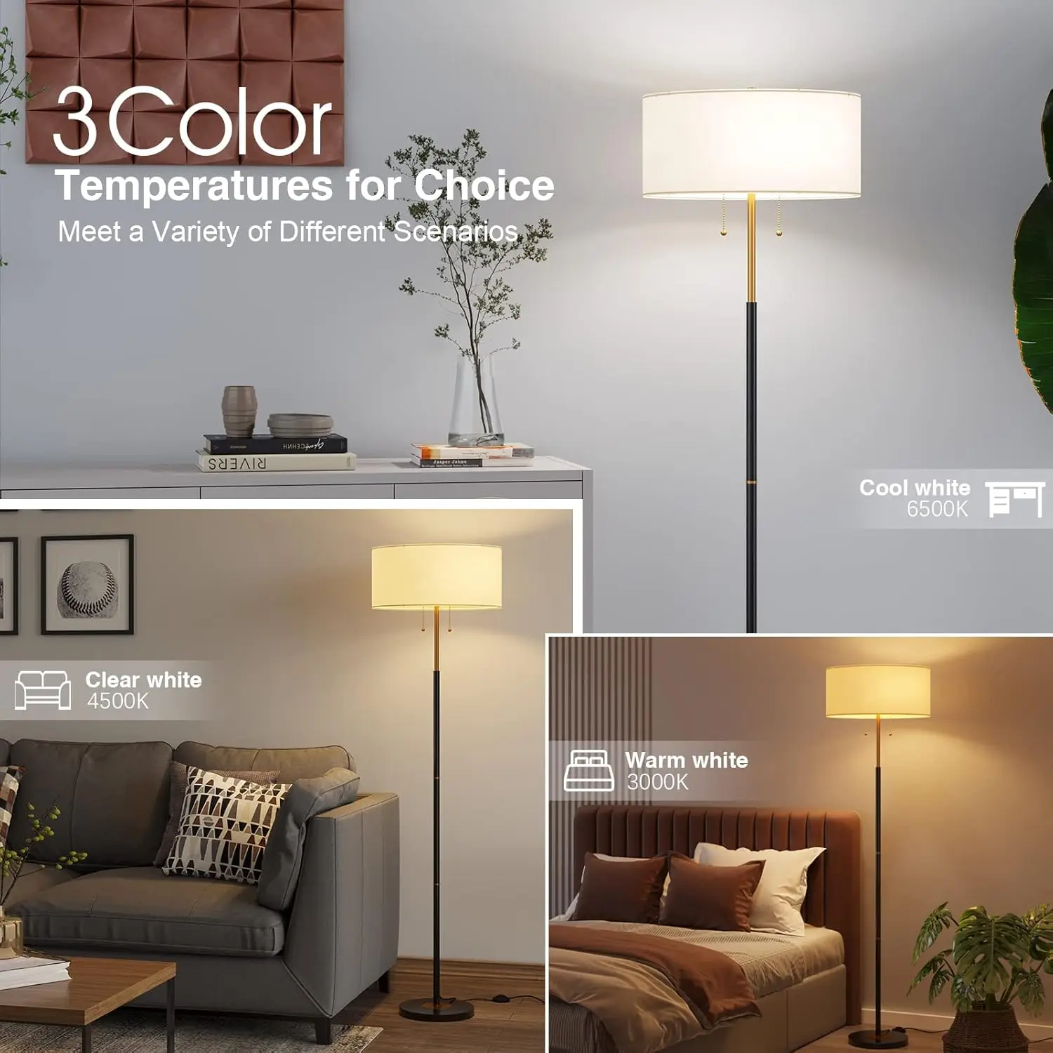 Modern LED Home Floor Lamp 2-Light Mid Century Floor Lamp Metal White E26 Base 3 Color Temperatures 9W Bulb Living Room Bedroom