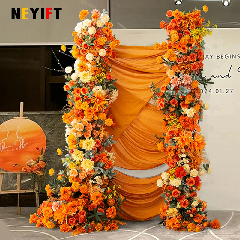 وردة برتقالية وصفراء زهرة الفاوانيا ديكور عداء الصف ، خلفية الزفاف ، أرضية القوس ، ترتيب الأزهار ، حدث حفلة عيد ميلاد ، دعامة