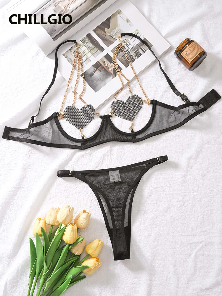 CHILLGIO Women Love Metal Chain Bra Brief Suit See Through Bra Chic Hollow Erotic lingerie Push Up Underwire Underwear Panty Set image 3
