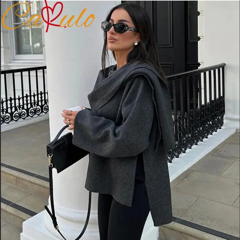 

Elegant Solid Scarf Collar Irregular Split Hem Woolen Jacket Women Chic Long Sleeves Loose Warm Coat 2024 Autumn Lady Overcoat