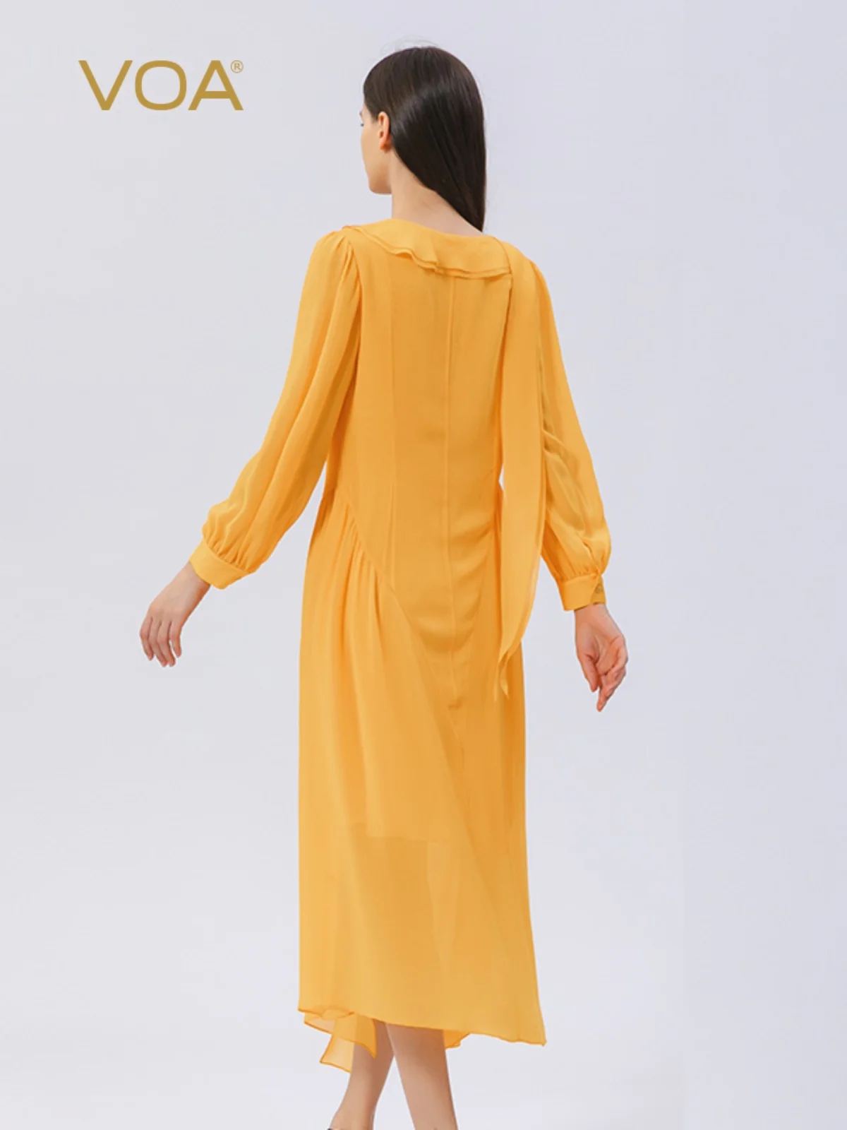 Voa seda dupla camada georgette boneca colarinho borda áspera artesanato camisa de manga comprida streamer grande pêndulo vestido de seda amoreira ae1122