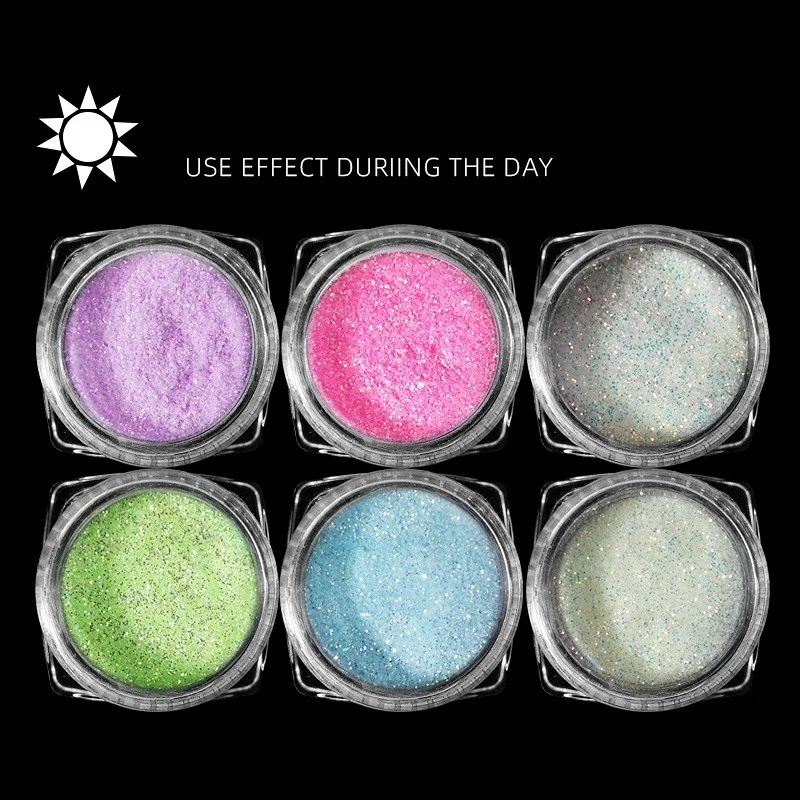 6 colores/juego de herramientas de manicura DIY en polvo de luz nocturna súper brillante para decoración de uñas