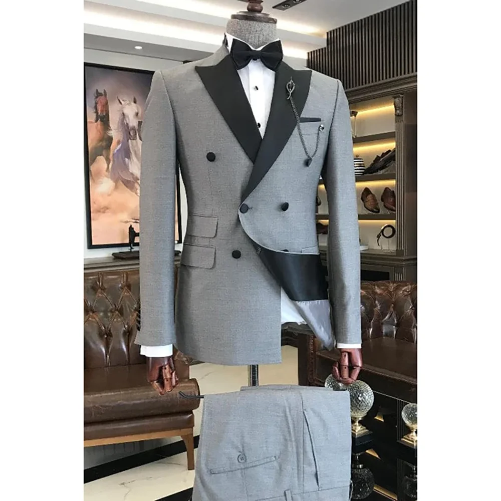 

Elegant Grey Double Breasted Slim Men Suit 2 Pieces(Jacket+Pants) Outfits Formal Office Party Prom Wedding Set